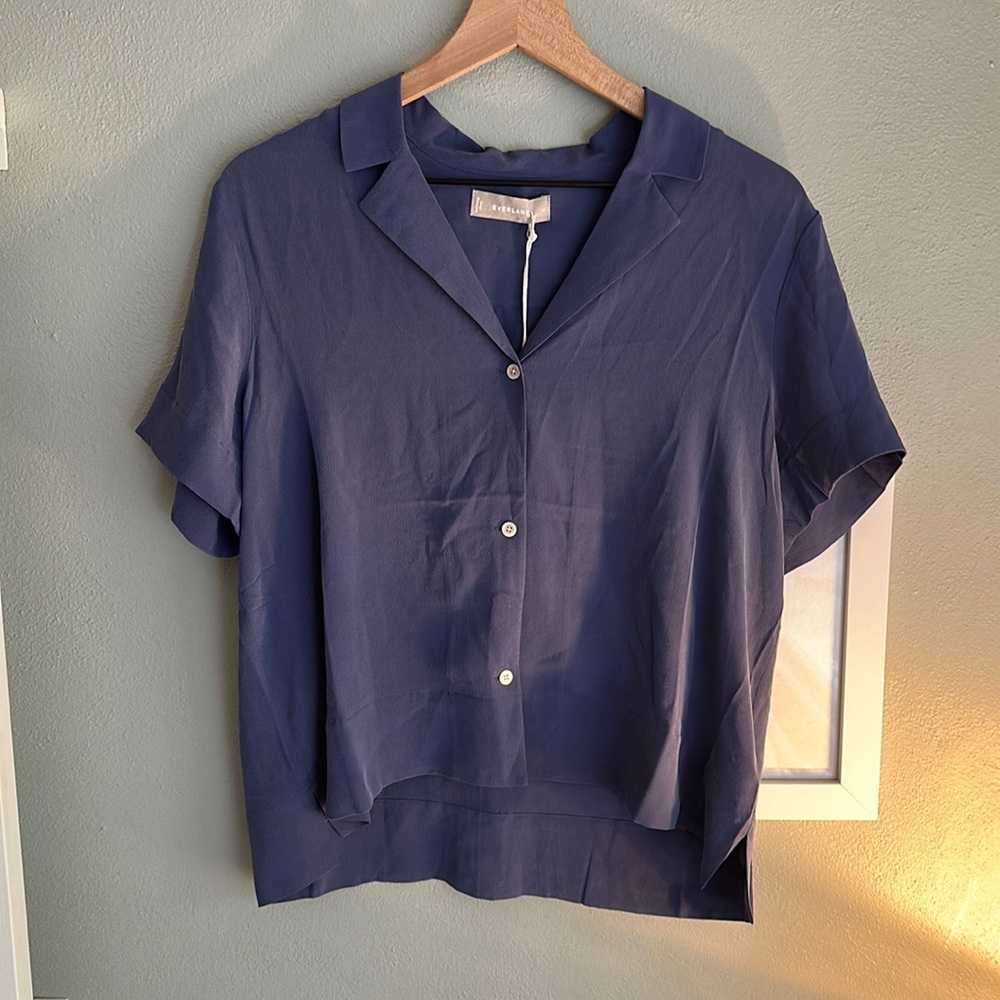 NWOT Everlane Clean Silk Notch shirt, size 10, Blue